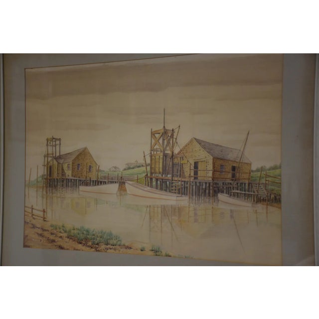 Rustic Watercolor Harbor Painting For Sale - Image 3 of 7