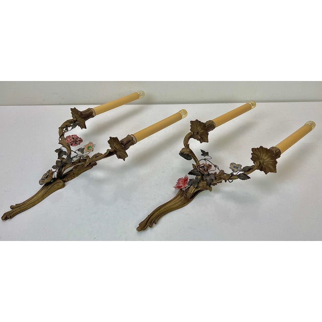Metal Brass and Tole Floral Wall Sconces, France, 1940s, Set of 2 For Sale - Image 7 of 18