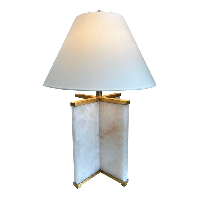 Visual Comfort Cameron Table Lamp Natural Quartz, Gilded Iron, White Linen Shade For Sale
