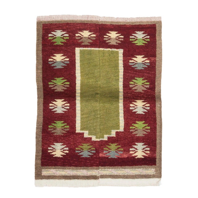 Green & Burgundy Vintage Tulu Rug For Sale