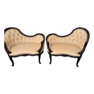 Unique Carved Mahogany Mini Settees With Tufted Leather/Slipper Chair/Bench - Manufacturer Samples For Sale