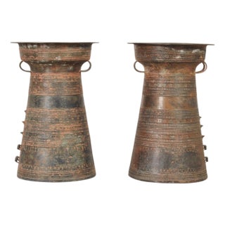 Pair of Southeast Asian Bronze Rain Drum Drinks Tables For Sale