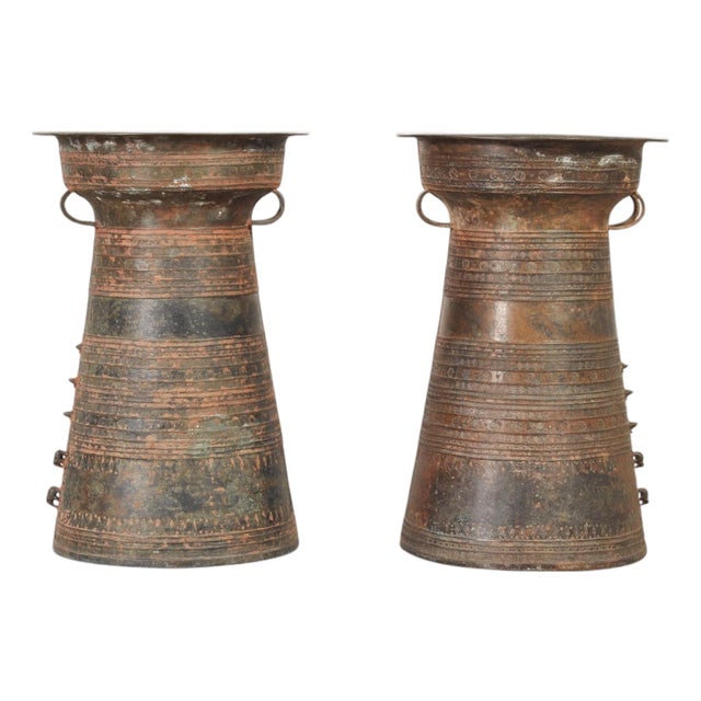 Pair of Southeast Asian Bronze Rain Drum Drinks Tables For Sale