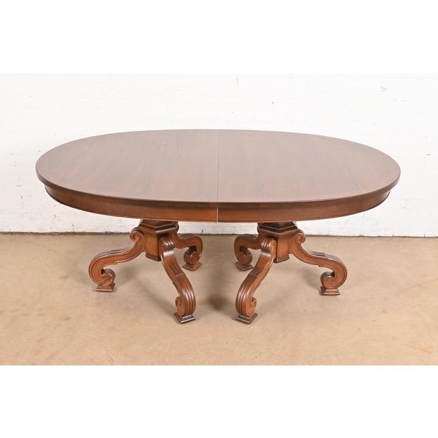 Wood Thomasville Regency Walnut and Burl Wood Double Pedestal Extension Dining Table, Newly Refinished For Sale - Image 7 of 13
