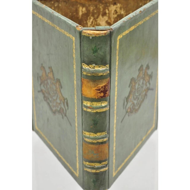 Vintage Italian Regency Green Leather Triangular Book Form Wastebasket Trash Can For Sale - Image 9 of 12