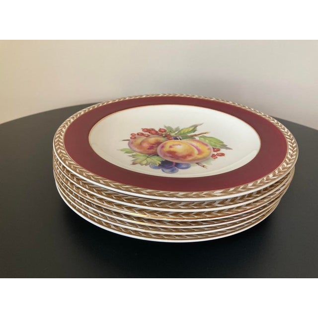 Early 20th Century Crown Ducal Red Burgundy and Gold Border Fruit Decorated Porcelain Plates- Set of 6 For Sale - Image 9 of 18