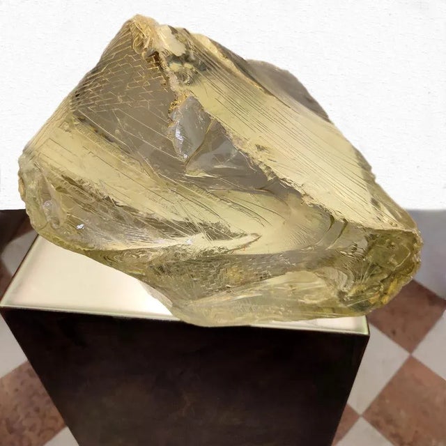 Angelo Rinaldi, ''Meteora'' glass sculpture carved and illuminated plinth, glass element h. cm.28x43x41, patinated steel...