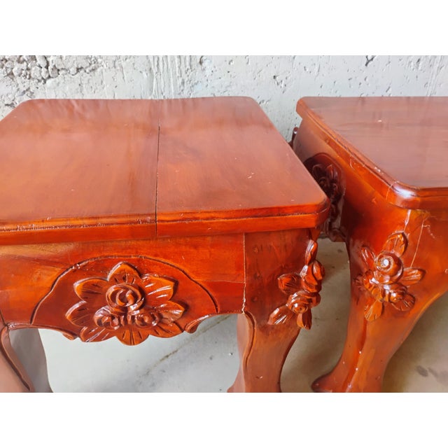 Brown Hand Carved Narra Wood Coffee Table Set Floral Design 1950s Philippines, Set of 3 For Sale - Image 8 of 12