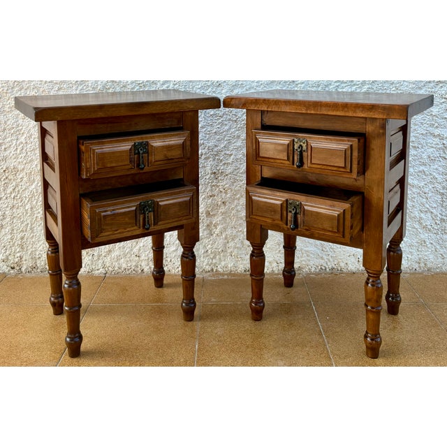 20th Century Spanish Nightstands with Two Drawers and Iron Hardware, 1950s, Set of 2 For Sale - Image 15 of 18