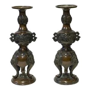 Pair Vintage Fine Bronze Round 3 Legs Lion Heads Accent Candle Holders