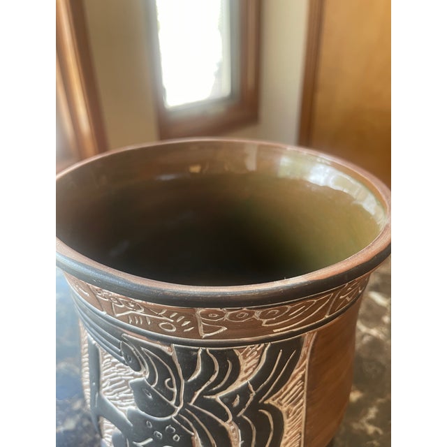 Mexican 1970s Ceramic Pot With Aztec Warrior For Sale - Image 3 of 6