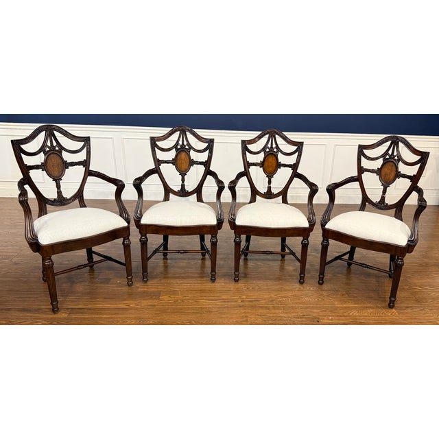 Traditional Set of Four Inlaid Shieldback Dining Chairs With Arms - Showroom Samples For Sale - Image 3 of 12