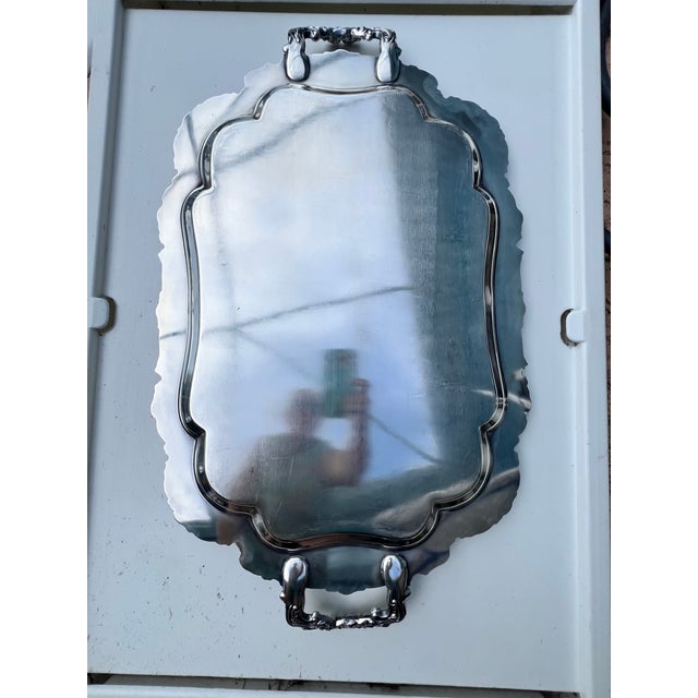 Silver Vintage Oversized Footed Silverplate Butler Waiter Tray With Handles 30.5” Palm Beach Regency Tea Service Bar Tray For Sale - Image 8 of 10