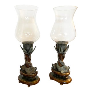 Vintage Brass & Blown Glass Pair of Hurricane Candle Holders With Neoclassic Koi Fish Design For Sale