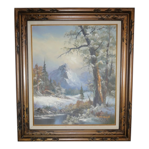 Vintage Circa 1970 Snow Covered Mountain Forest Landscape Framed Oil Painting on Canvas by L. Harding