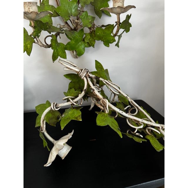 Pair of Vintage Italian Tole Painted Green Botanical Ivy Leaf Wall Candle Sconces For Sale - Image 10 of 10