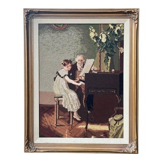 Vintage Framed Woolen Petit Point Embroidery Entitled “The Music Lesson” For Sale