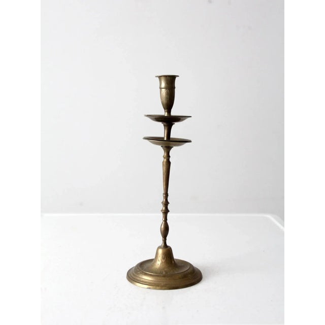 Metal Vintage Etched Brass Candlestick Holder For Sale - Image 7 of 10