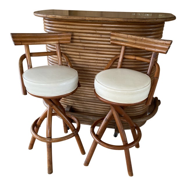 Vintage Paul Frankl Stacked Rattan Bar and Pair Stools Chairish