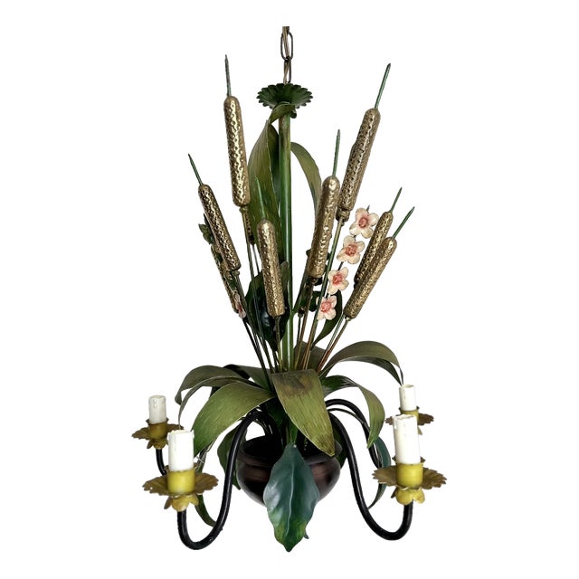 French Country Tole Botanical Five-Light Chandelier with Cattails and Flowers, 1960s For Sale