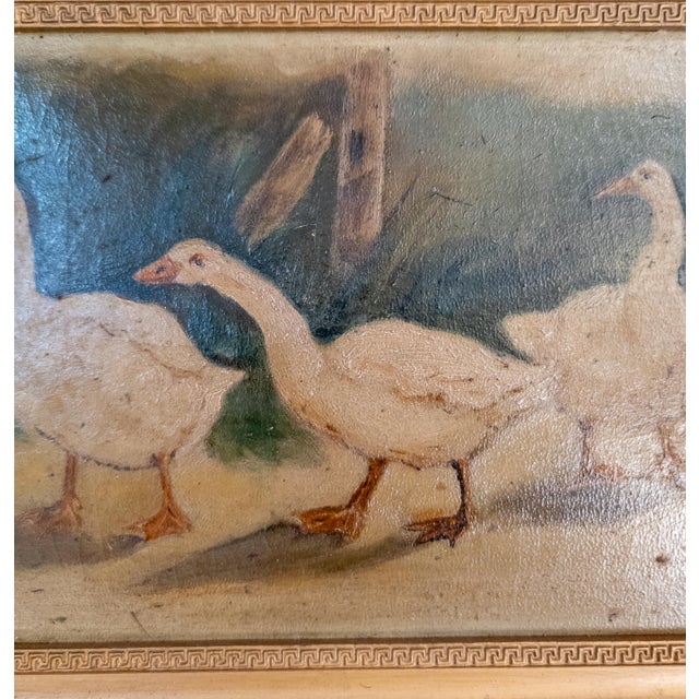 Late 19th Century 19th Century Rustic Primitive Naive Oil Painting of Non-Violent Geese or Swans For Sale - Image 5 of 7