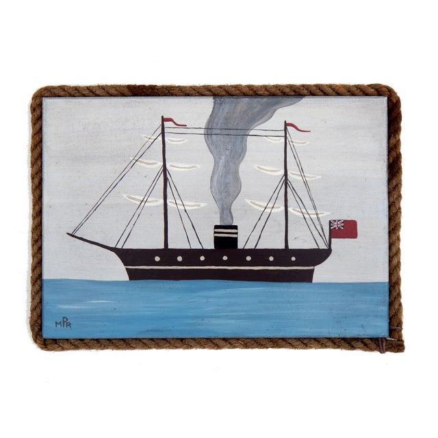 Blue Matt Rix, Naive Style Early Steam Ship Sail Boat, Oil on Board For Sale - Image 8 of 8