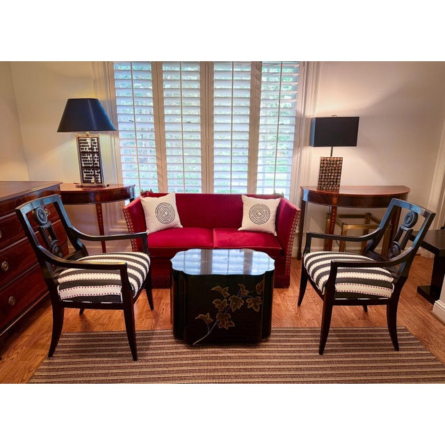 A completely original, 1950's-60's, Danish drop-arm 2 seater sofa. Original cherry-red velour upholstery. Double-sided...