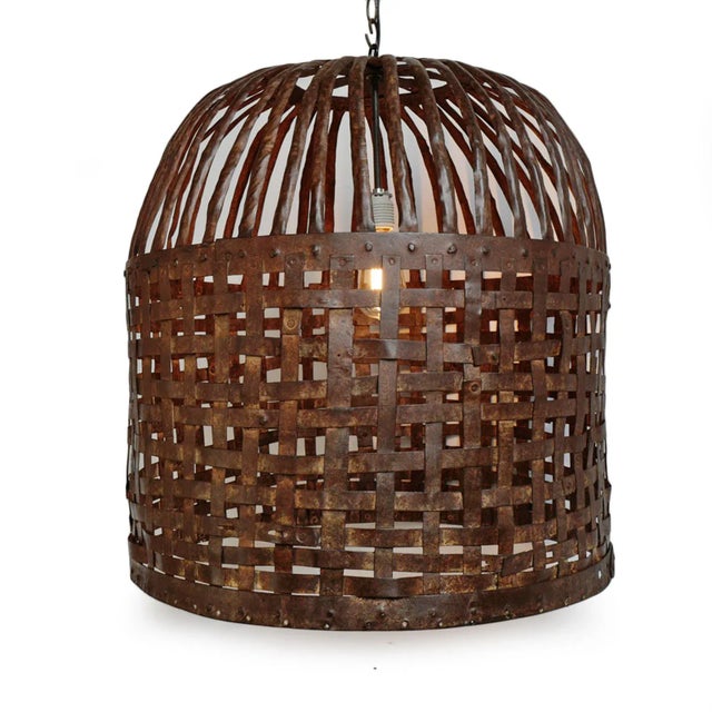 Mid 20th Century Vintage Rustic Industrial Iron Cage Basket Pendant Light For Sale - Image 5 of 8
