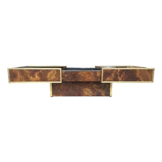Coffee Table in Burl Wood and Brass Metal with Bar from Maison Lancel, France, 1980s For Sale