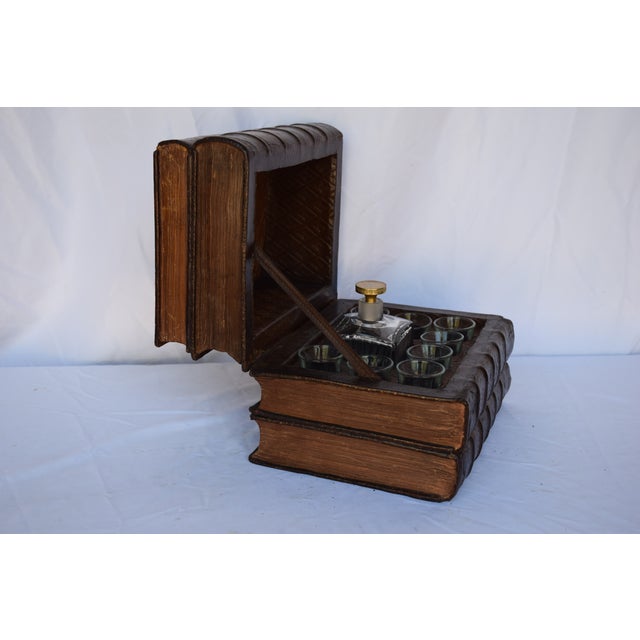 Brown French Early 1900s Stack of Leather Books Tantalus Liquor / Drinks Box For Sale - Image 8 of 11