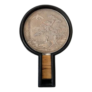 Japanese Bronze Hand Mirror with Lacquer Box