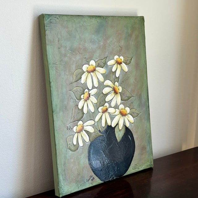 2012 Mixed Media Daisy Still Life on Canvas For Sale - Image 10 of 12