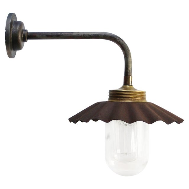 Metal Vintage Industrial Rust Iron and Brass Sconce with Clear Striped Glass For Sale - Image 7 of 7