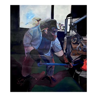 Gorilla Engineer, Coal Fire & Hummingbirds Unstretched Canvas Joni Wildman Oil Painting For Sale