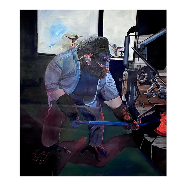 Gorilla Engineer, Coal Fire & Hummingbirds Unstretched Canvas Joni Wildman Oil Painting For Sale