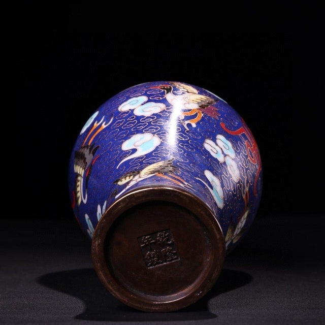 Metal Vintage Chinese Cloisonné "Longevity Crane" Vase With Dragon Lacquer Box For Sale - Image 7 of 10