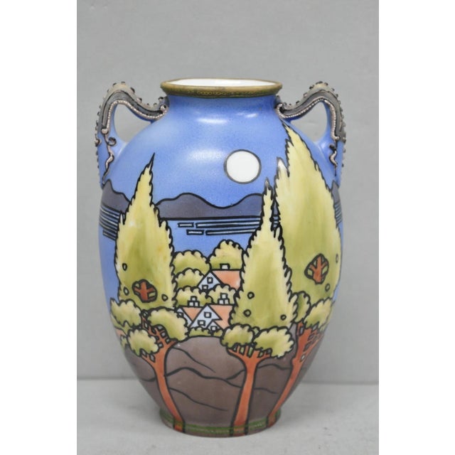 Antique Hand Painted Blue Nippon Porcelain Halloween Pattern Twin Handle Vase For Sale - Image 14 of 14