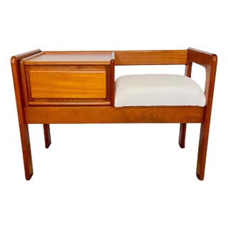 Mid-Century Modern Teak Telephone Bench With Alabaster Boucle, 1980s For Sale
