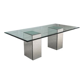 Large 1980s Karl Springer Style Mirrored Pedestal Dining Table, Thick Beveled Glass Top, Postmodern Hollywood Regency Table for 8 For Sale