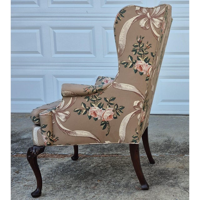 Brown Late 20th Century Hickory Chair Cocoa Brown Rose and Ribbon Pattern Wing Back Arm Chair For Sale - Image 8 of 13
