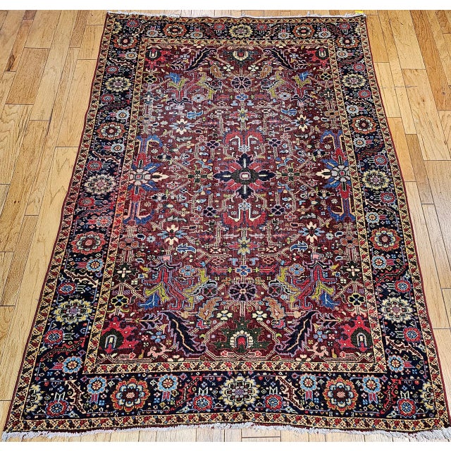 Vintage Persian Heriz Serapi Rug, Hand-Knotted Wool, All-Over Geometric Pattern, Red & Navy, 7x10 For Sale - Image 13 of 14