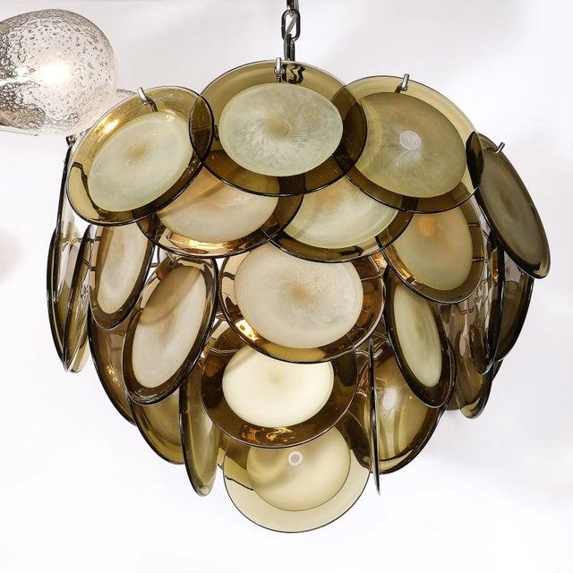 Taupe Modernist Four Tier Smoked Topaz Disc Murano Glass Chandelier W/ Chrome Fittings For Sale - Image 8 of 12