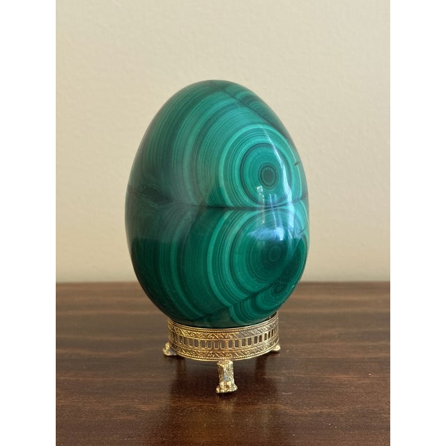 Green Large Solid Malachite Egg on Neoclassical Brass Stand With Paw Feet For Sale - Image 8 of 10