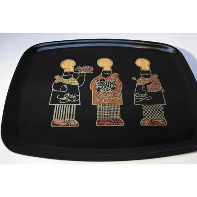 Wood Mid-Century Black Resin Inlaid "Three Chefs" Tray by Couroc For Sale - Image 7 of 10