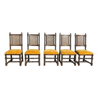 Set of Five Antique Barley Twist Cane-Back Chairs With Golden Yellow Velvet Custom Upholstered Seats For Sale
