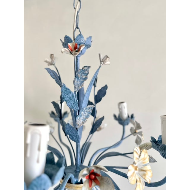 Blue Vintage Floral Painted Steel Five-Light Chandelier from Lamparas Schuller, Spain, 1990s For Sale - Image 8 of 18