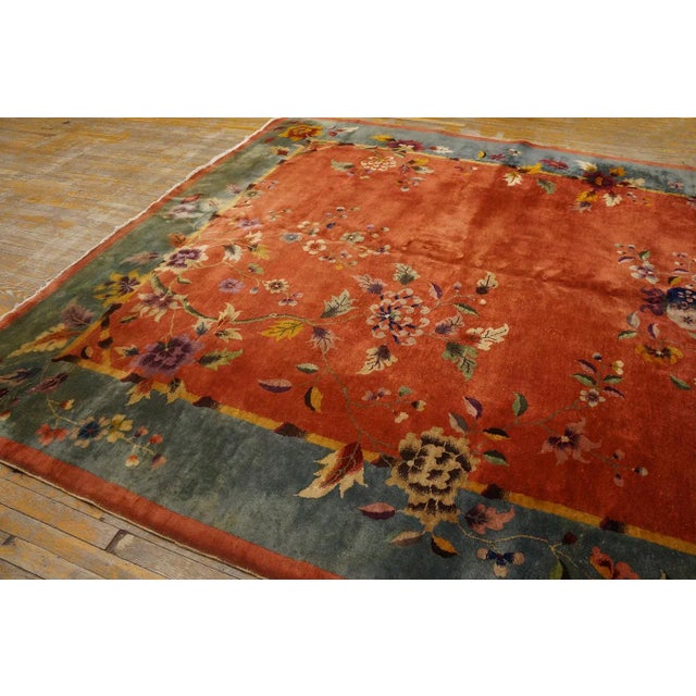 1920s Burnt Orange Floral Antique Chinese Art Deco Carpet 8' 9" X 11' 3" Knotted Wool Rug For Sale - Image 4 of 12