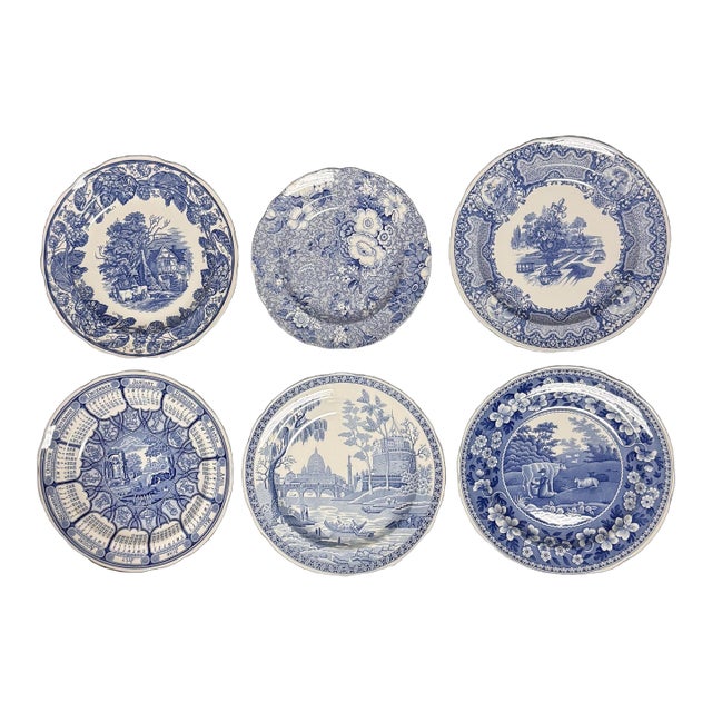 Vintage 1990s Spode Blue and White Collection Decorative Plates - Set of 6 For Sale
