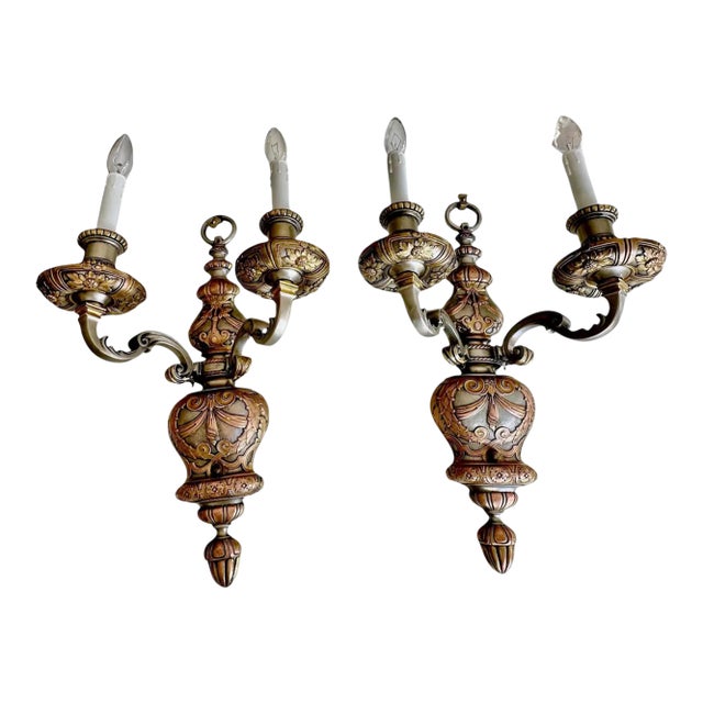 Pair Caldwell 2-Arm Bronze and Silver Wall Sconce For Sale