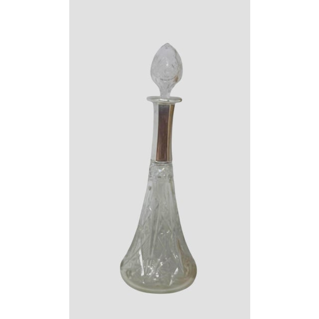 Mid 20th Century Cut Crystal Wine or Liquor 11 1/2 Decanter With Silver Metal Collar Diamond and Fan Cut Pattern For Sale - Image 12 of 12